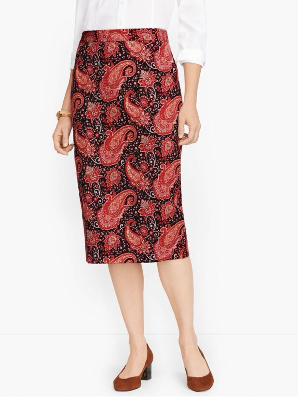 NWT Talbots Paisley Pencil Skirt Red Black Stretch Cotton Size 2